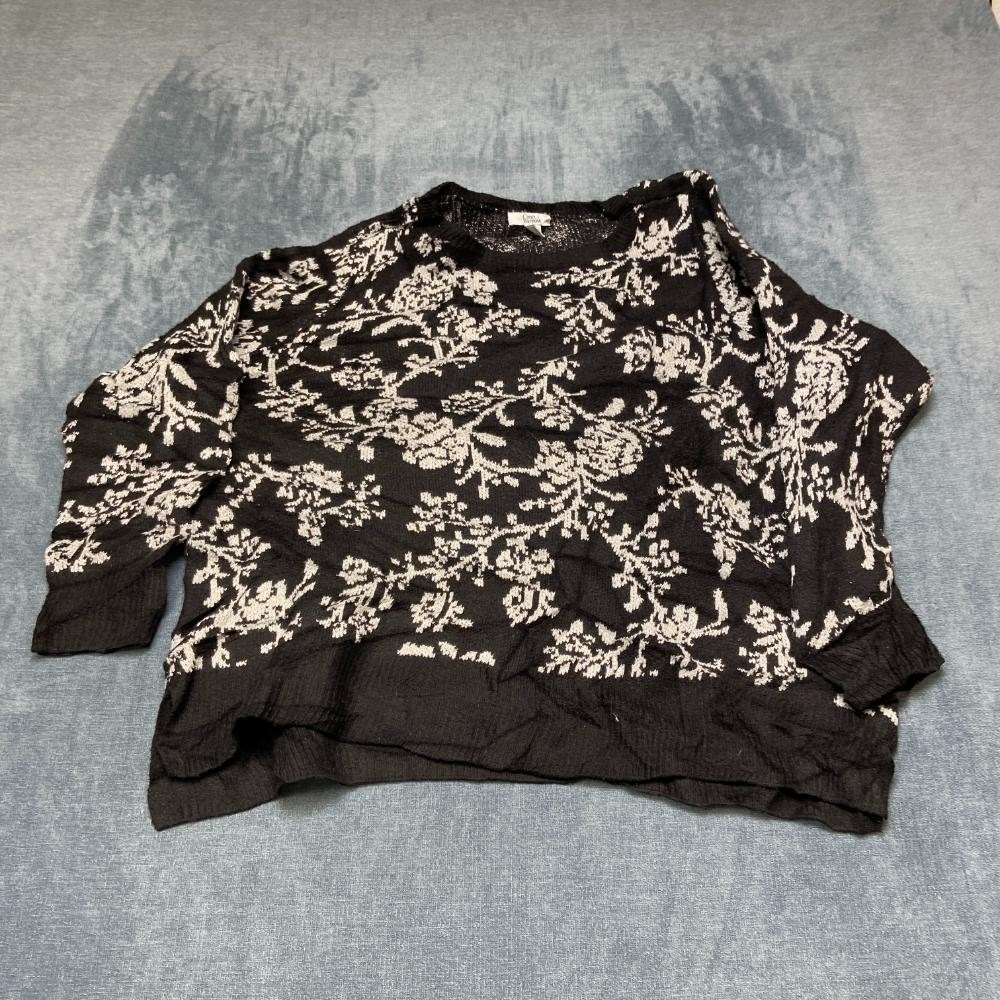 Croft & Barrow Sweater Womens 1X Plus Black White Floral Stretch Ribbed Trim